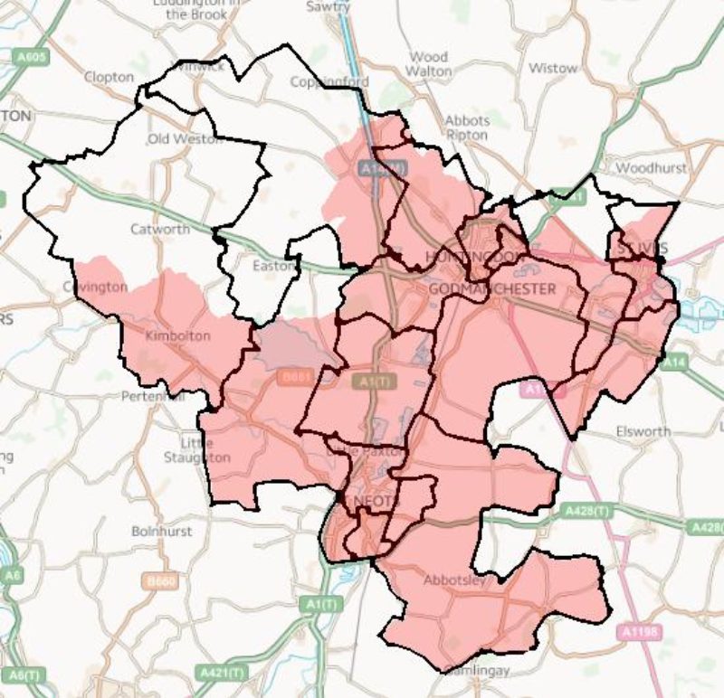 A map of Huntingdon constituency with selected Huntingdonshire District wards shown
