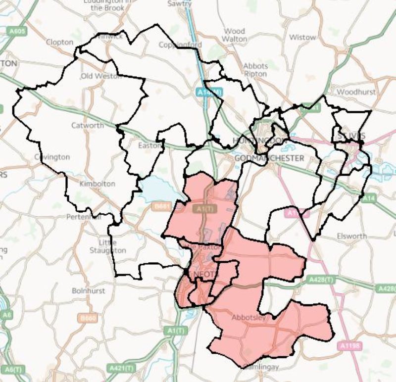 A map showing St Neots and District branch area