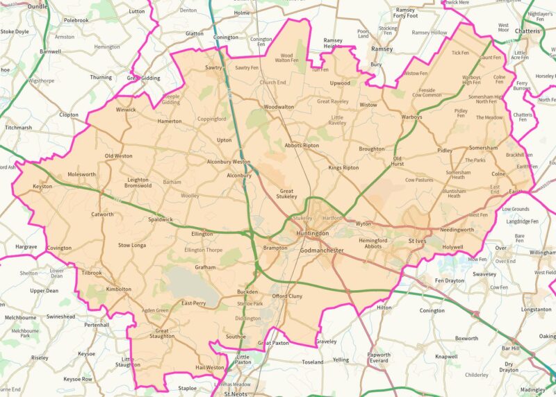 A map of Huntingdon constituency with selected Huntingdonshire District wards shown